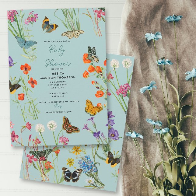 Convite Chá de fraldas de Borboletas de Flores Azuis (Blue Wildflowers Butterflies Baby Shower Invitation)