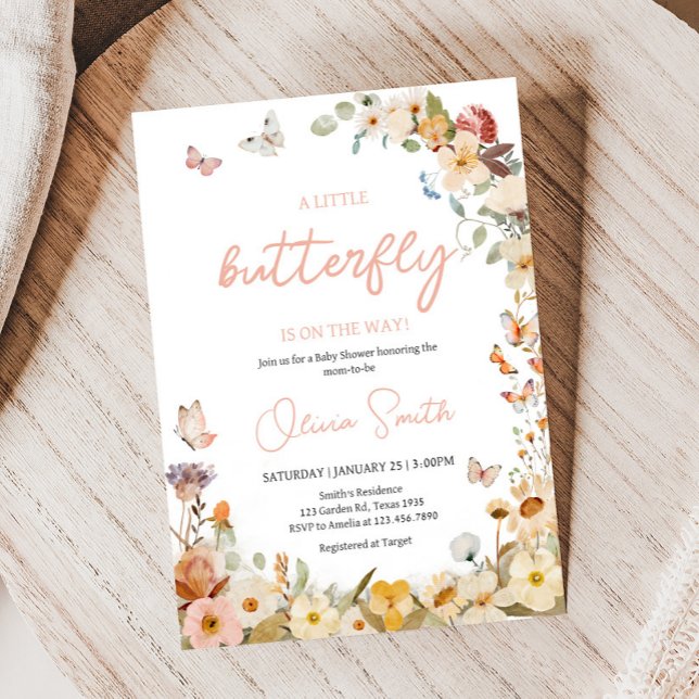Convite Chá de fraldas de borboletas de flores silvestres (Little Butterfly Wildflower Baby Shower Invitation)