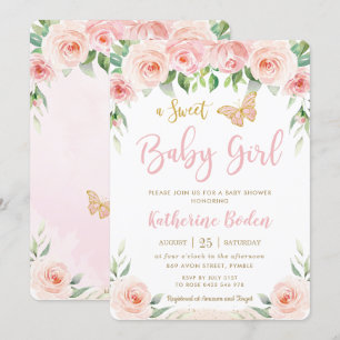 Convite Chá de fraldas de Borboletas Flóridas Rosa-Blush