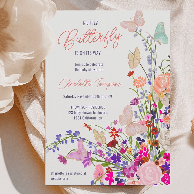 Convite Chá de fraldas de borboletas giras primavera boho (Boho spring wildflowers cute butterfly baby shower invitation)