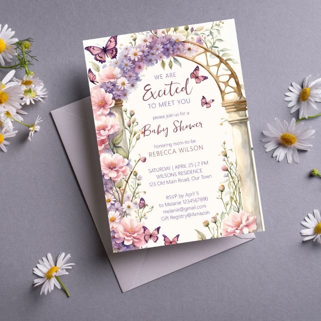 Convite Chá de fraldas de borboletas pastas de jardim ento (Enchanted garden pastel butterflies girls spring summer baby shower template invitation  download)