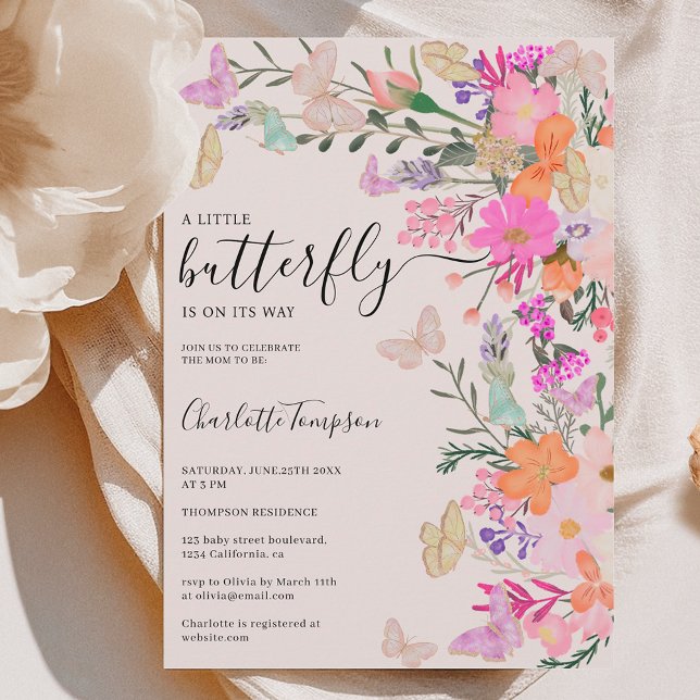 Convite Chá de fraldas de borboletas primavera (Chic wildflowers spring butterfly baby shower invitation)
