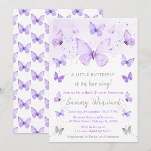 Convite Chá de fraldas de borboletas roxas e prateadas