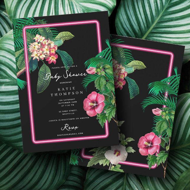 Convite Chá de fraldas de Botânica Tropical Neon Pink (Neon Pink Tropical Botanicals Baby Shower Invitation)