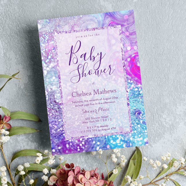 Convite Chá de fraldas de brilho roxo da lavanda (Lavender teal purple marble glitter Baby Shower Invitation )