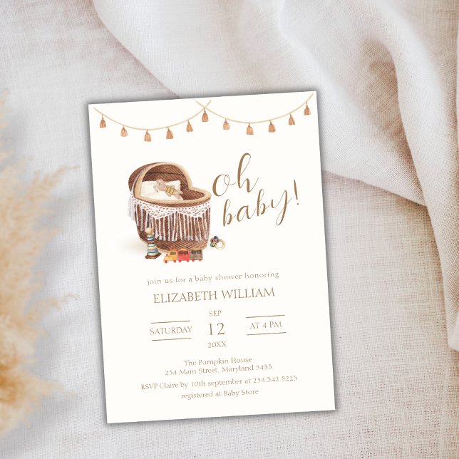 Convite Chá de fraldas de Brinquedo Boho Bassinet Neutro p (Gender Neutral Boho Bassinet Toy Baby Shower Invitation)