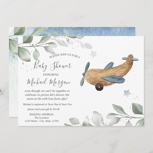 Convite Chá de fraldas De Brinquedo De Avião Por Correio (Frente/Verso)