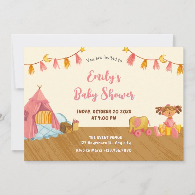 Convite Chá de fraldas de brinquedos de madeira (Frente)