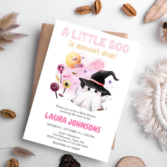 Convite Chá de fraldas de Bruxa Fantasma Rosa (Little Boo Halloween Baby Shower Invitation)