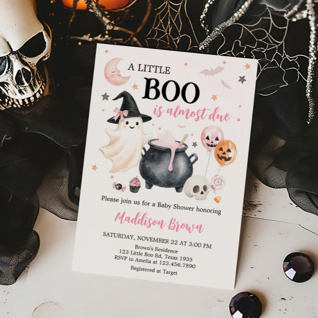 Convite Chá de fraldas de bruxaria rosa (Girl Witch Ghost Little Boo Baby Shower Invitation)