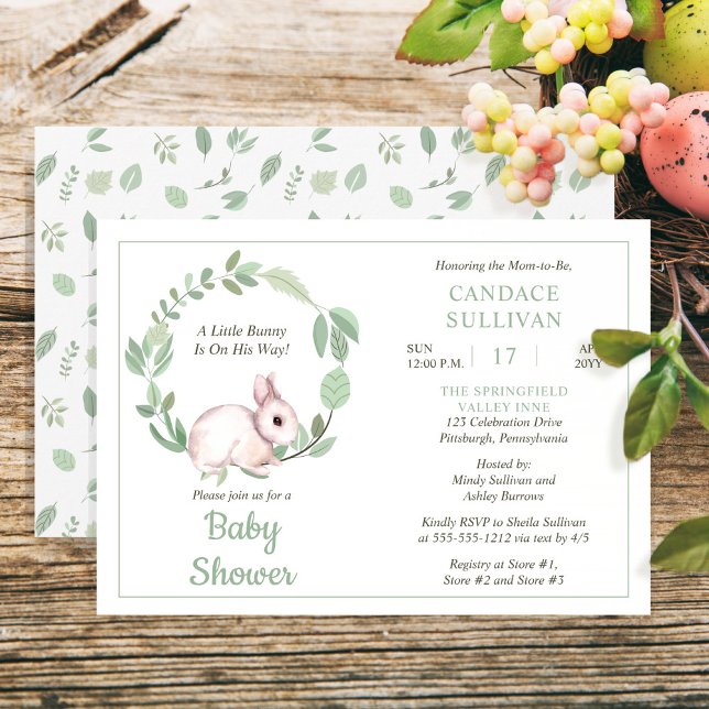 Convite Chá de fraldas de Bunny Rabbit Sage Floral Wreath  (Criador carregado)