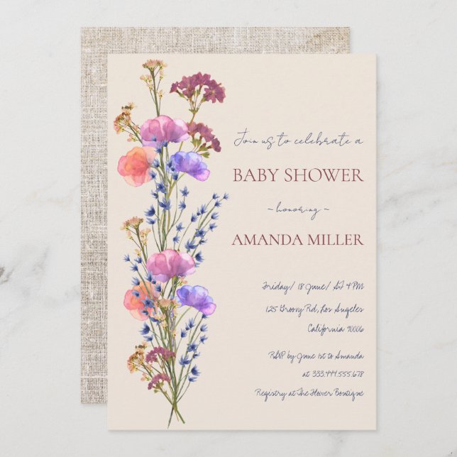 Convite Chá de fraldas de Buquê de acrílico russo bege (Frente/Verso)
