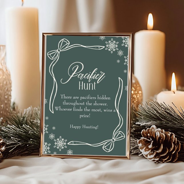 Convite Chá de fraldas de Caça Pacificadora Verde de inver (Green Winter Coquette Pacifier Hunt Baby Shower sign)