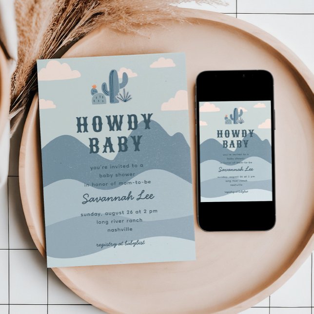 Convite Chá de fraldas de Cactus no Deserto Ocidental (Desert themed baby shower invitation with cute cactus illustrations)