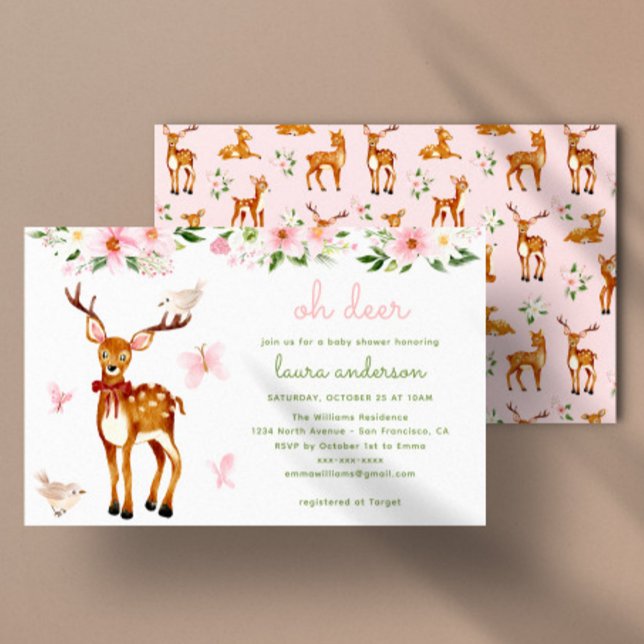 Convite Chá de fraldas de Cadeado de Cerrado (Deer baby shower invitation with pink and green watercolor painting)