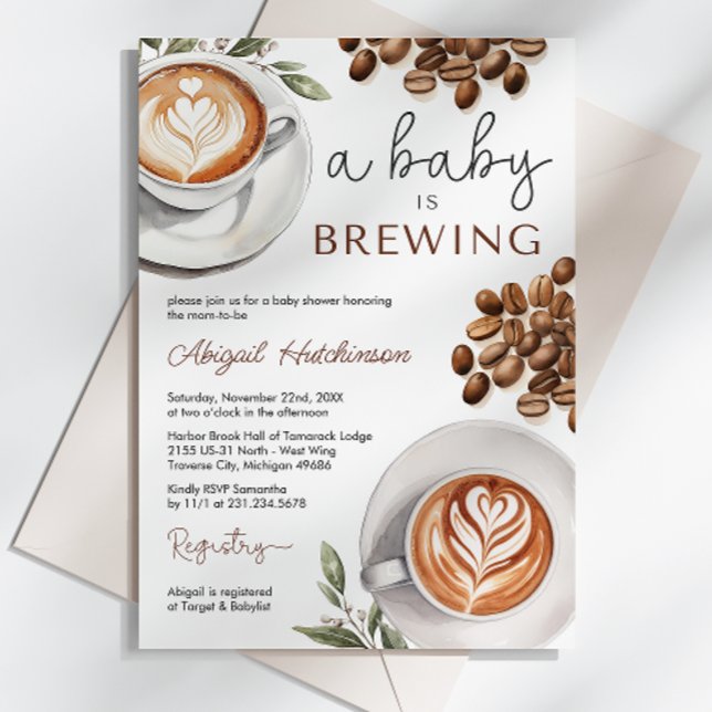 Convite Chá de fraldas de café - Um bebê está se preparand (Coffee Baby Shower - a Baby is Brewing Gender Neutral Baby Shower Invitation)