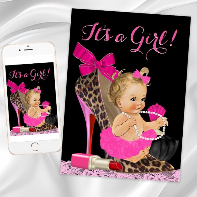 Convite Chá de fraldas de Calçado de alto nível do leopard (Hot Pink Leopard High Heel Shoe Baby Shower Invitation. Instant download & printed invitations.)