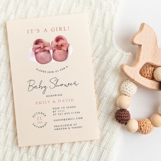 Convite Chá de fraldas de Calçados rosa de menina aquarela (Criador carregado)