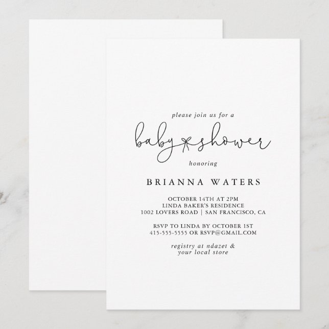 Convite Chá de fraldas de Caligrafia Simples Elegante (Frente/Verso)