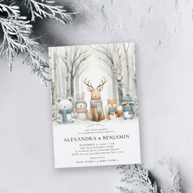Convite Chá de fraldas de Cama de Animais da Floresta Cura (winter baby shower invitations woodland animals wolderland cute enchanted forest characters)