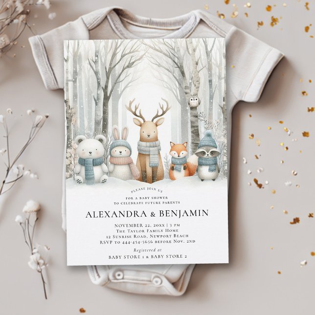 Convite Chá de fraldas de Cama de Animais da Floresta Cura (winter baby shower invitation neutral white wonderland enchanted forest woodland animals coed cute)
