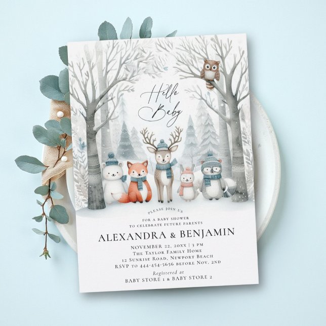 Convite Chá de fraldas de Cama de Animais da Floresta de i (winter baby shower invitation coed woodland animals forest woods wonderland snow frost snowy cute)