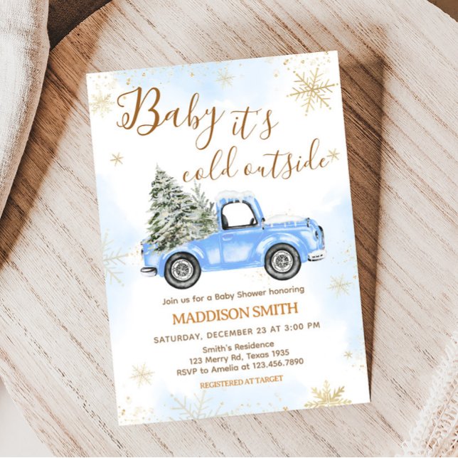 Convite Chá de fraldas de Caminhão Azul de inverno (Blue Baby It's Cold Outside Baby Shower Invitation)
