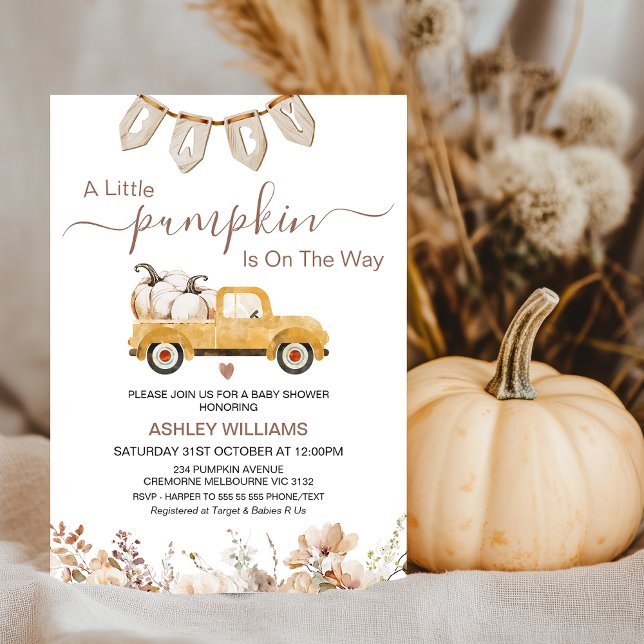 Convite Chá de fraldas de Caminhão de Abóbora Castanho Peq (Gender Neutral Fall Pumpkin Baby Shower Invitation Template, Little Pumpkin Baby Shower Invitation)