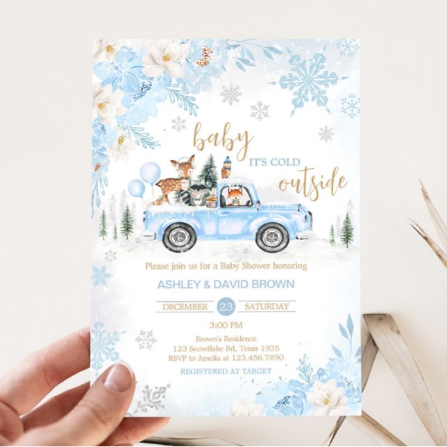Convite Chá de fraldas de Caminhão de Woodland Azul (Blue Baby It's Cold Outside Baby Shower Invitation)