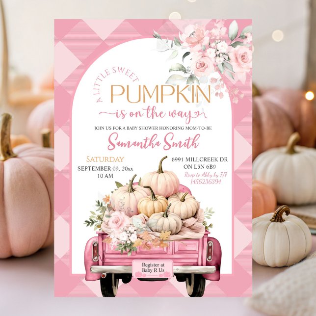 Convite Chá de fraldas de Caminhão Gingham Pumpkin Floral  (Criador carregado)