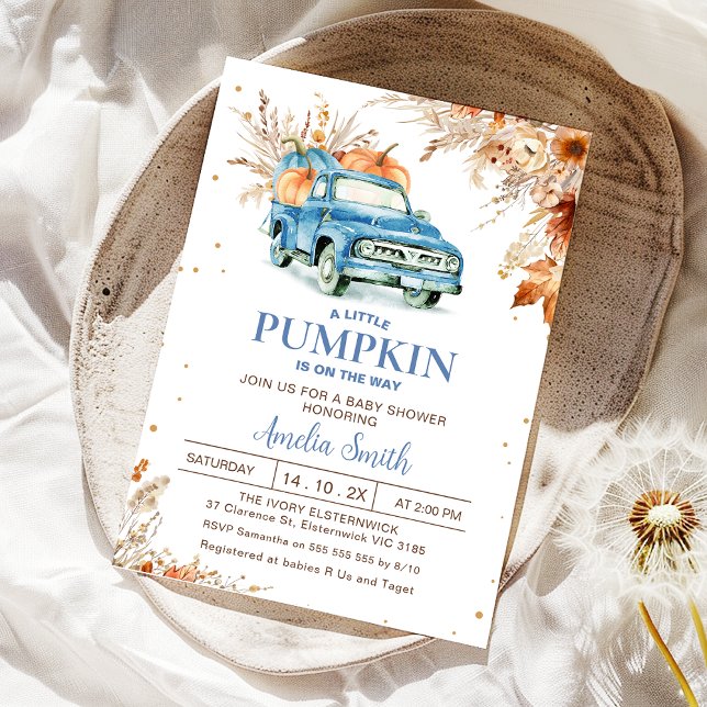 Convite Chá de fraldas de Caminhão Russo Azul de Pumpkin A (Fall Blue Pumpkin Truck Baby Shower Invitation Boy, boys Little Pumpkin Baby Shower Invite, Foliage)