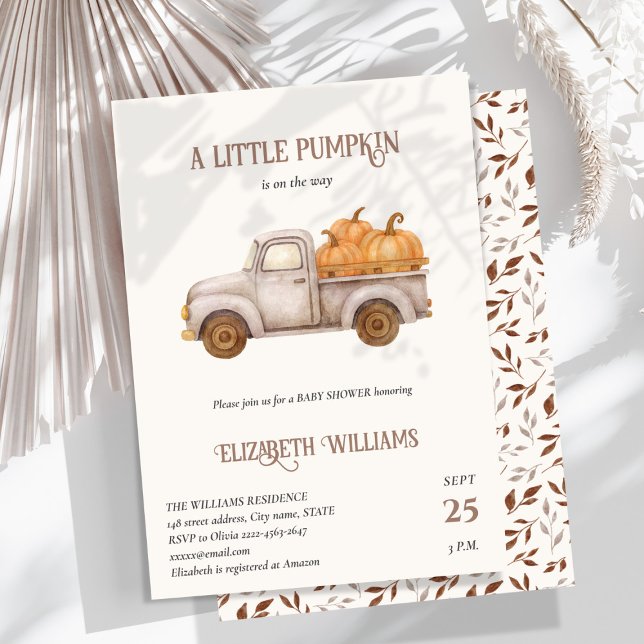 Convite Chá de fraldas de Caminhão Russo Pumpkin minimalis (A little pumpkin baby shower Invitation with Rustic Truck & Fall Charm)