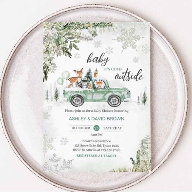 Convite Chá de fraldas de Caminhão Verde da Floresta de in (Sage Green Winter Truck Baby Shower Invitation)