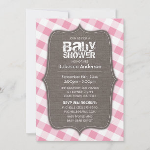 Convite Chá de fraldas de Canvas de Gingham Rosa e Branco
