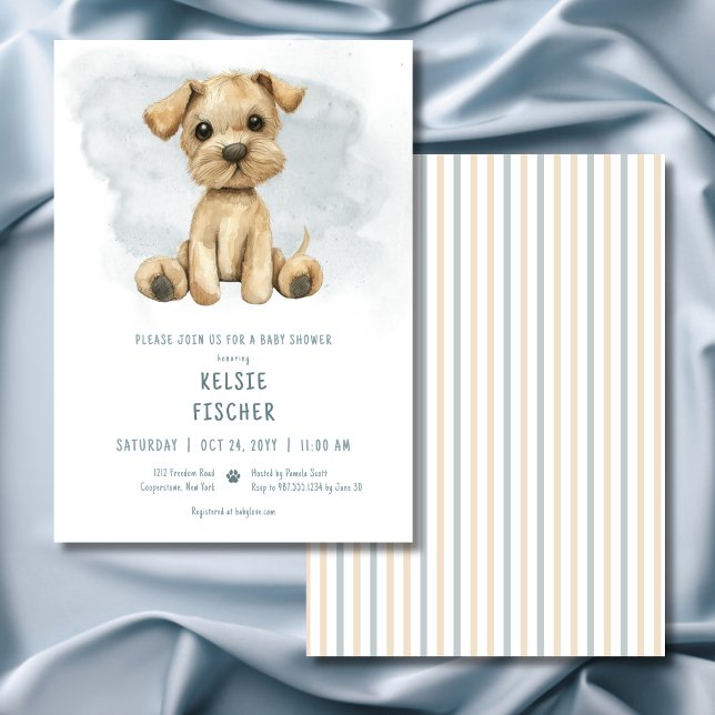 Convite Chá de fraldas de Cãozinho Azul de Cãozinho (Cute Puppy Blue Watercolor Baby Shower Invitation)