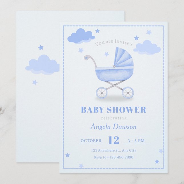 Convite Chá de fraldas de carrinho de bebê macio azul Past (Frente/Verso)