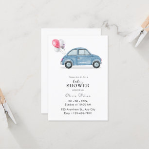 Convite Chá de fraldas de carro azul de aquarela simples