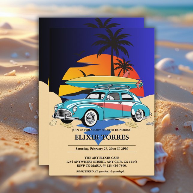Convite Chá de fraldas de Carro de Surfer Retroativo (Criador carregado)