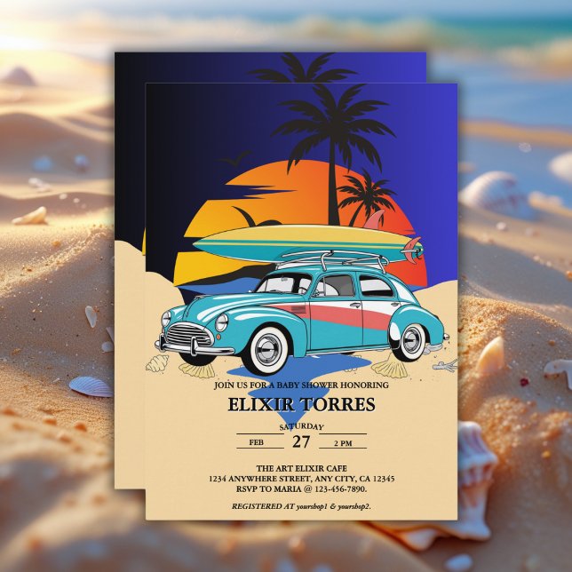 Convite Chá de fraldas de Carro de Surfer Retroativo (Criador carregado)