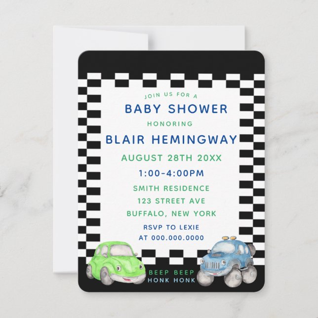 Convite Chá de fraldas de Carros de Aquarela com Sinalizad (Frente)