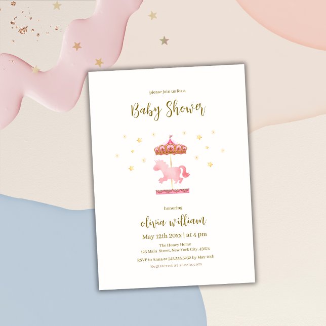 Convite Chá de fraldas de Carrossel Elegante Dourado rosa (Pink Gold Elegant Carousel Carnival Baby Shower Invitation)
