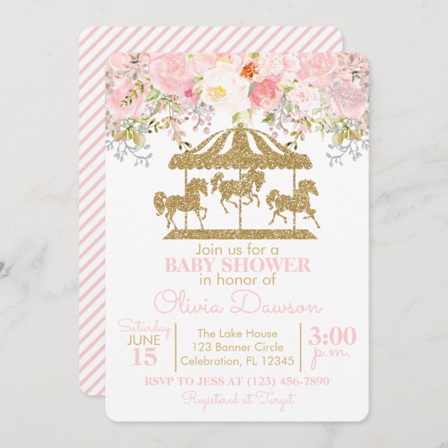 Convite Chá de fraldas de Carrossel Floral Rosa e Dourado (Frente/Verso)