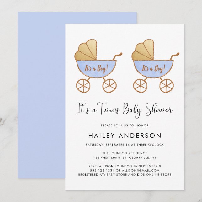 Convite Chá de fraldas de Carruagem de Aquarela de Twin Bo (Frente/Verso)