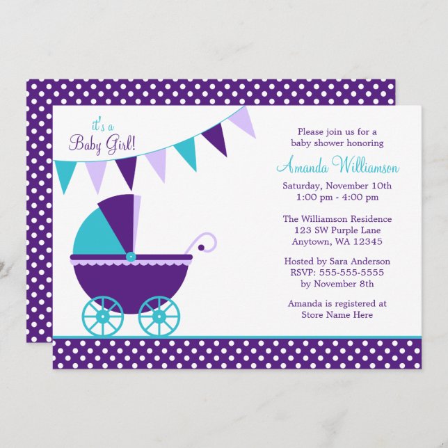 Convite Chá de fraldas de Carruagem de recheio de tetos ro (Frente/Verso)