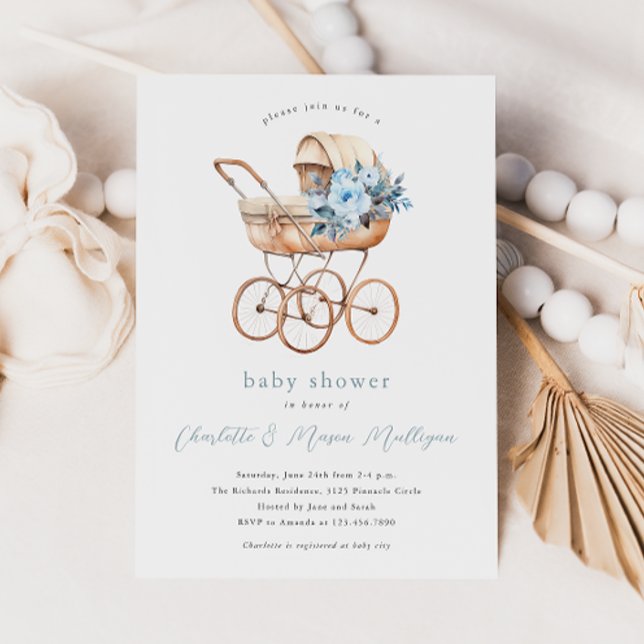 Convite Chá de fraldas de Carruagem neutra para bebês da V (Vintage baby carriage with blue floral bouquet couples baby shower invitation.)