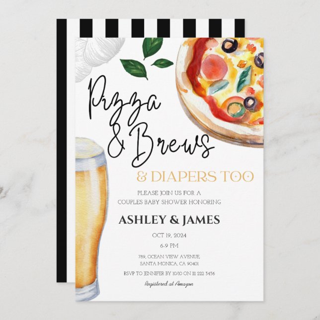 Convite Chá de fraldas de Casais casuais de pizza e Fralda (Frente/Verso)
