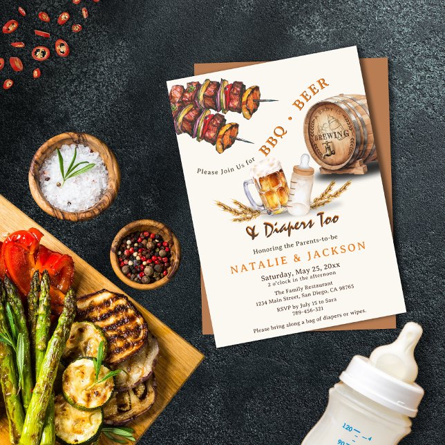 Convite Chá de fraldas de Casais Casuais do CHURRASCO e do (BBQ & Beer Diapers Casual Couples Baby Shower Invitation)