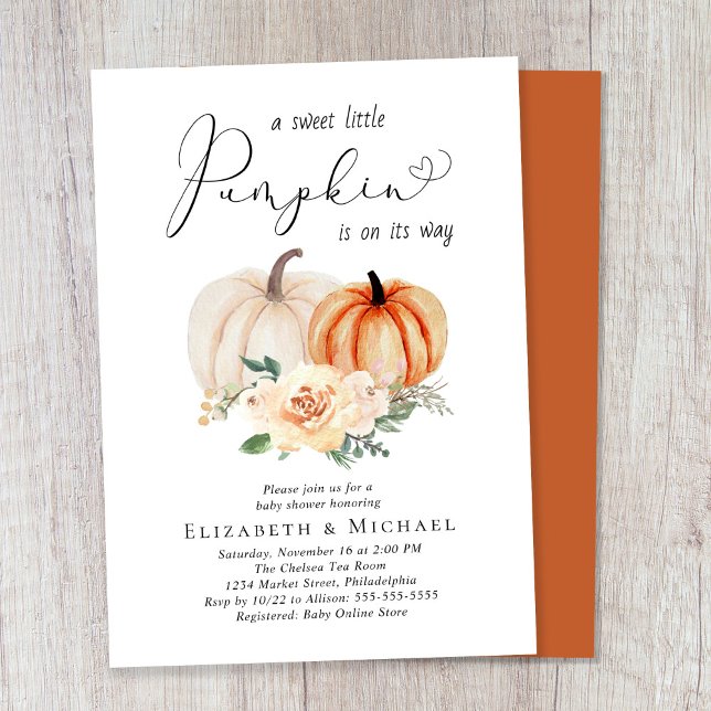 Convite Chá de fraldas de Casais de Aquarela Elegante (Celebrate the upcoming arrival of your sweet autumn baby with a couple's pumpkin-themed baby shower)