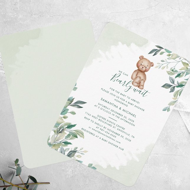 Convite Chá de fraldas de Casais de Folhagem Eucalyptus Be (We Can Bearly Wait Bear Eucalyptus Baby Shower Invitation)