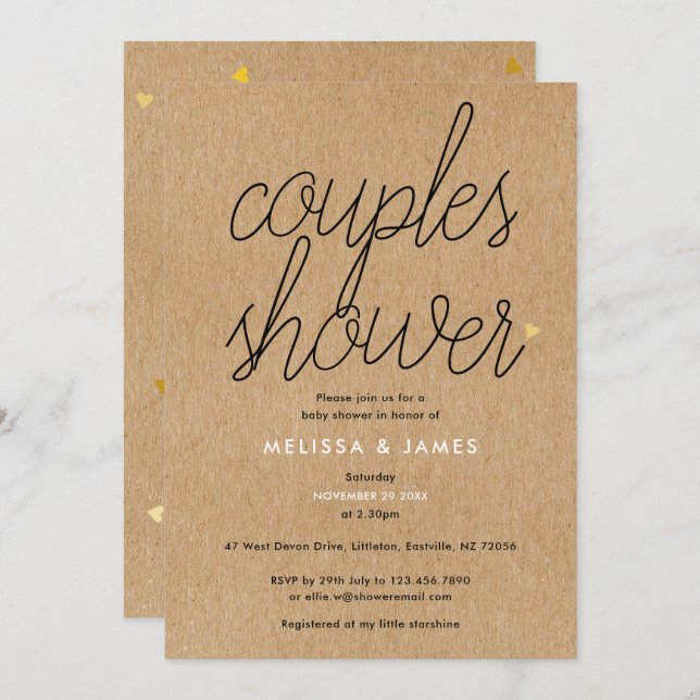 Convite Chá de fraldas de Casais Dourados do Kraft Script  (Frente/Verso)
